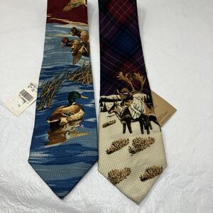NWT 2 Men's Necktie Tie Silk Nature Hunter Mallard Ducks Moose HARKEN Cabincore
